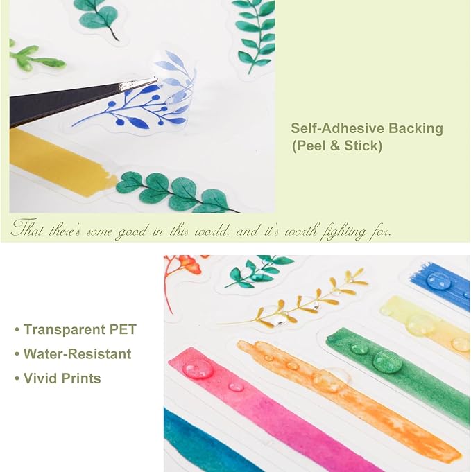 180PCS Botanical Leaf PET Stickers, Watercolor Plant Layering Tabs for Scrapbook Journal Planners and DIY Crafts