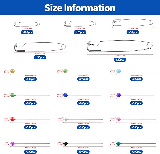 1470Pcs Sewing Pins Assorted Set Contains 12 Colors 1.57inch Pearlized Ball Head Quilting Pin and Mini Small Large Safety Pins for Fabric, Dressmaker, Art and Craft Supplies