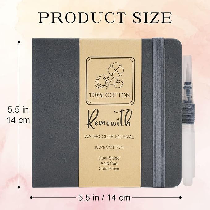 Remowith Leather Cover Watercolor Sketchbook, 6"x5.5" Journal, 300gsm Cold Press Cotton Paper (24 Sheets/48 Pages), Perfect Watercolor Journal for Markers, Pastels, Darkgrey