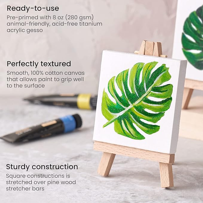 ARTEZA Small Canvases for Painting with Easels, Pack of 14, 3 x 3 Inches, Blank White Canvas for Painting, Art Supplies for Acrylic, Oil and Gouache