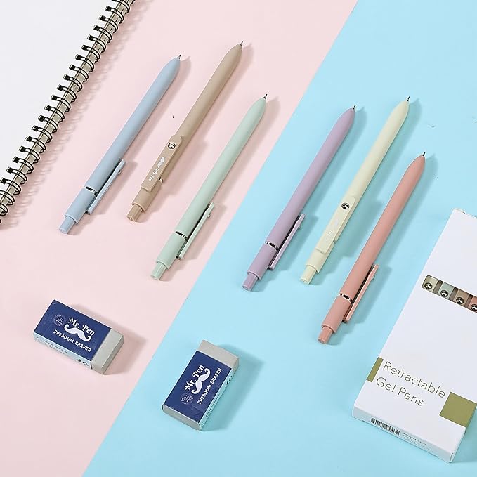 Mr. Pen- Retractable Gel Pens, 6 Pack, Pastel Barrels, Black Ink, Fast Dry, Fine Point 0.5mm, Cute Aesthetic for Journaling