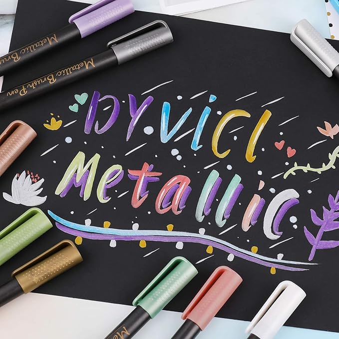 Dyvicl Metallic Brush Marker Pens - Metallic Pens Art Markers for Calligraphy, Brush Lettering, Black Paper, Rock Painting, Card Making, Scrapbooking, Fabric, Metal, Ceramic, Wine Glass, Set of 10