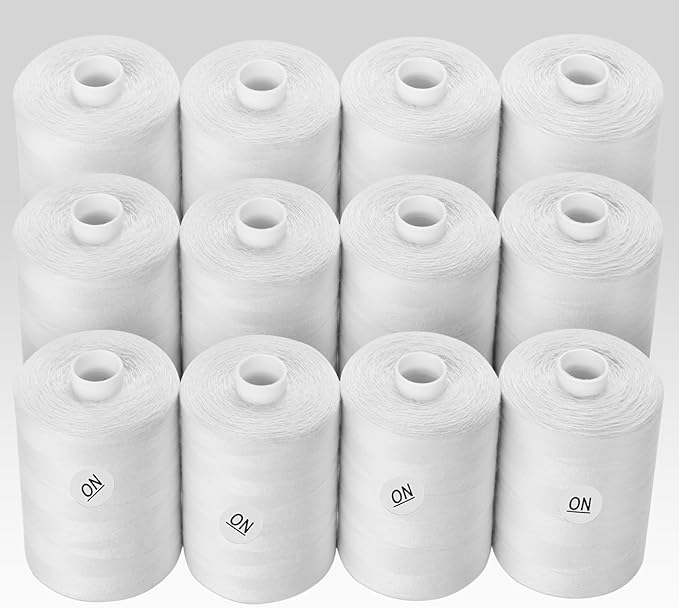 ilauke Thread for Sewing 12 Spools 1000 Yards Each, Polyester All Purpose Thread White Sewing Threads for Sewing Machine/Hand Sewing/Hand Quilting Thread