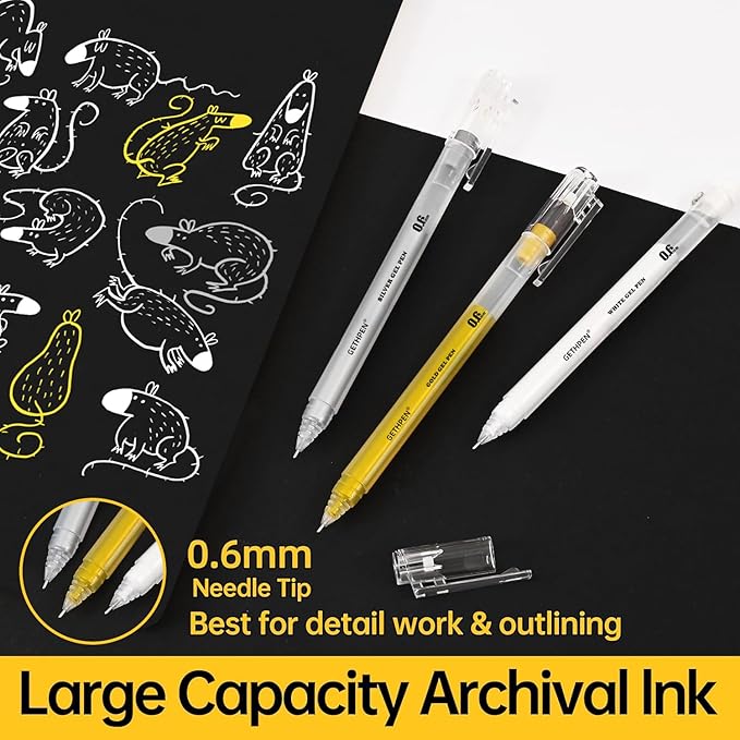 0.6mm Fine Point Gold Gel Pens, 3-Pack for Artists Drawing on Black Paper, Sketching, Adult Coloring Books & Holiday Crafts