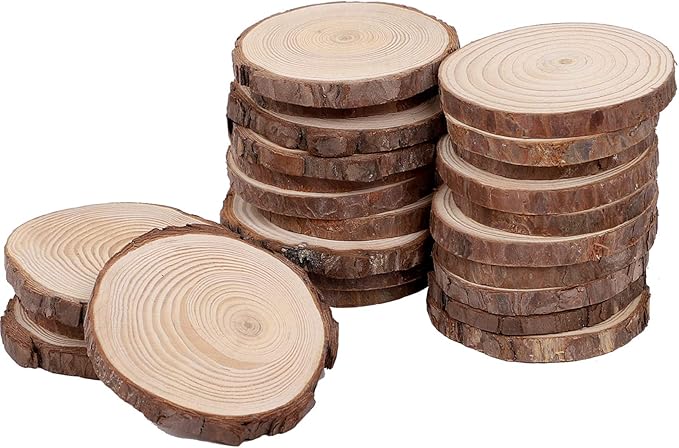 KINJOEK 24 PCS Natural Wood Slices 3.5-4 Inch with Bark Unfinished Wood Circles for Coasters DIY Crafts Wedding Decorations Christmas Ornaments