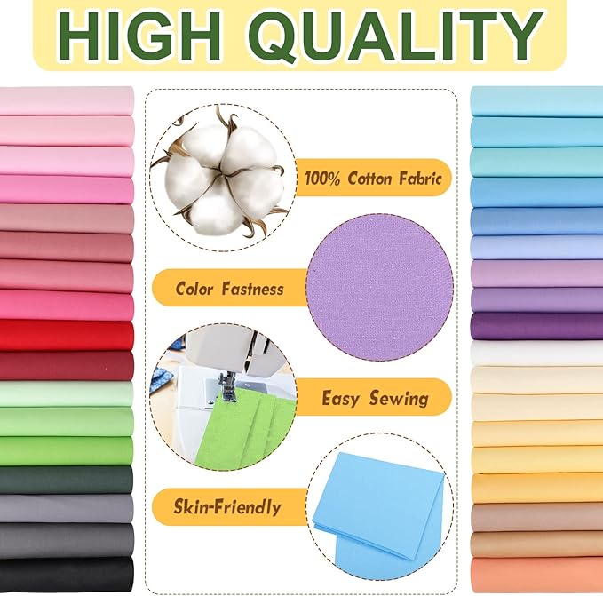 Buryeah 35 Pcs Solid Color Cotton Fabric 20 x 20 Inch (50cm x 50cm) Squares Quilting Patchwork Precut Fabric Bundles Multicolor Sewing Supplies for Beginners DIY Craft, Patchwork, Scrapbooking Cloth