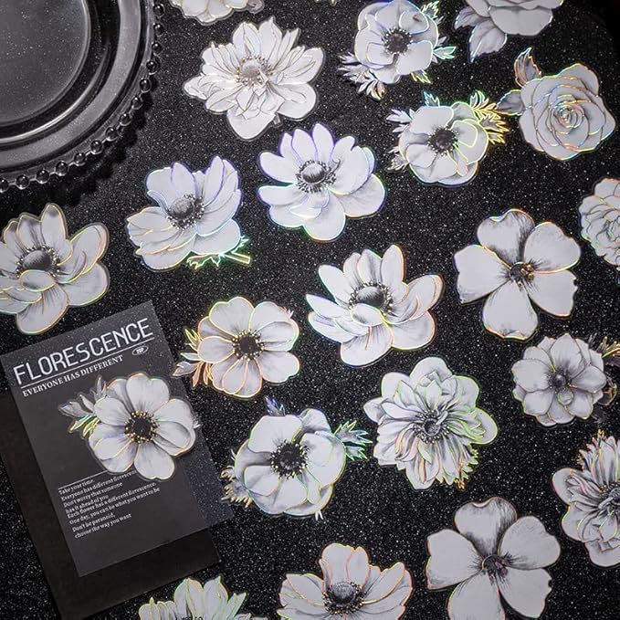 120pcs White Flower Scrapbook Stickers Pack, Clear Floral PET Decals with Gold Foil Outline, Vintage Roses Lilies Daisies Peonies Sticker Set for Journaling, Planners, Cards Making, Crafts