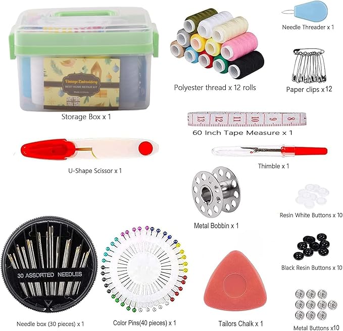 Sewing Kit for Adults & Beginners - Portable Travel Hand Sewing Supplies with Case, Thread, Needles, Scissors - Complete Basic Starter Set (Green)