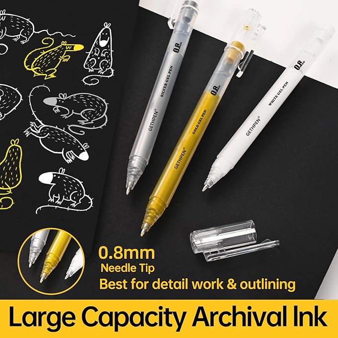 Silver Gel Pens, 0.8mm Fine Point Gel Ink Pen Set for Artists – Opaque Archival Ink for Black Paper Drawing, Card Making, Journaling Pack of 3