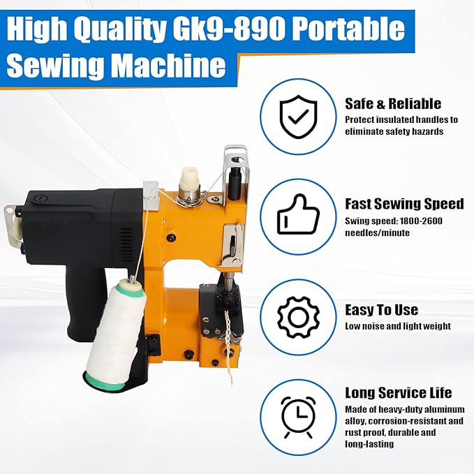 Gk9-890 Portable Bag Closer Machine, 2s/Bag 110V Industrial Electric Bag Closing Sewing Sealing Stitching Machine for Woven Snakeskin Paper Bag, 190W Handheld High Speed Machine