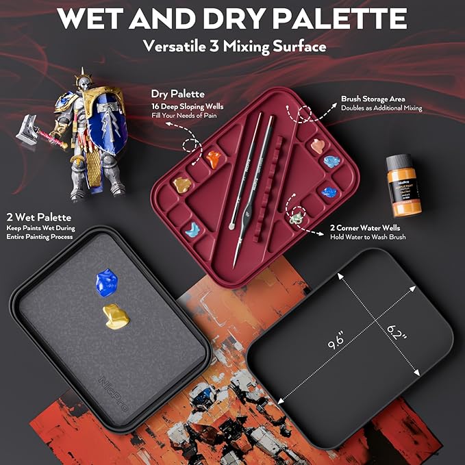Nicpro Professional Miniature Painting Kit, Stay Wet Palette & 16PCS Detail Paint Brushes Drybrush with Nylon Bag, 100PCS Pallet Paper, 4PCS Sponge, Mixing Paint Saver Palette for Miniature Model