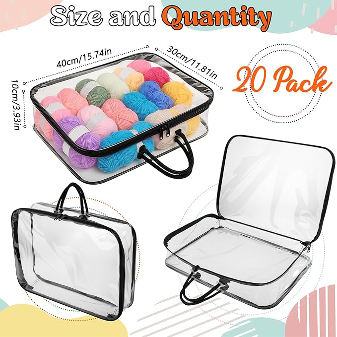 Shinylin 20 Pack Clear Yarn Storage Bags Bulk, 12 x 16 x 4 Inches Yarn Storage Organizer Tote Bag for Knitting Needles Crochet Hooks Wool Balls and Unfinished Project (Black)