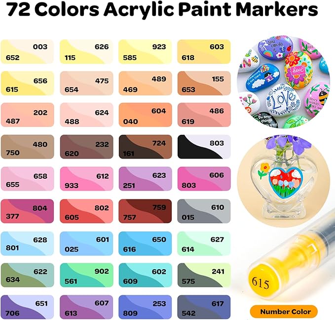 72 Colors Acrylic Paint Markers, Brush Tip Acrylic Paint Pens for Painting Rocks, Wood, Canvas, Glass, Fabric, Egg, Stone and DIY Crafts for Adults, Kids Art Supplies