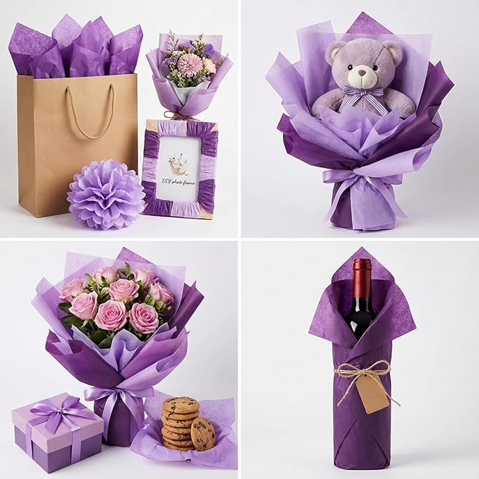 Qilery 500 Sheets Purple Tissue Paper Bulk for Gift Bags Flower Wrapping 15 x 20 Inch Acid Free Packaging Lavender Paper Sheets for Valentine's Day Easter Decoration DIY Craft, Wedding Party, Shipping
