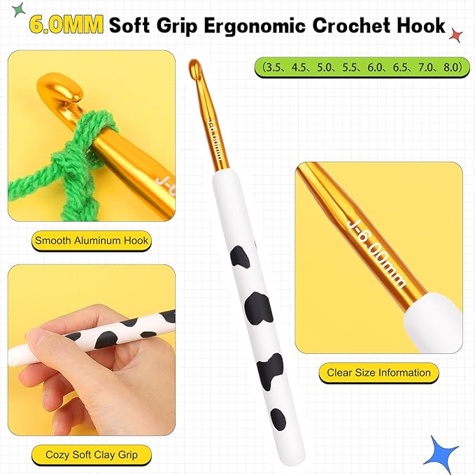 Katech Ergonomic Crochet Hook, Aluminum Soft Grip Crochet Hooks for Beginners and Arthritic Hands, Soft Clay Crochet Needle with Cow Motif and Bead Chain-Ideal Gift for Crocheter (6.0mm)