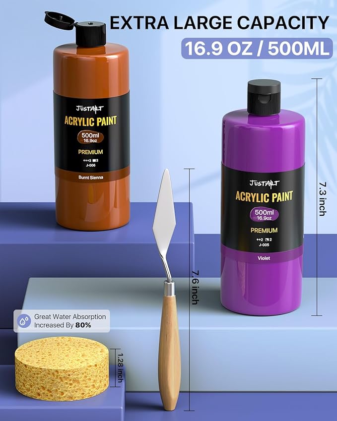 JusArt 14 Colors Acrylic Paint Set, Including Gold and Silver, 16.9oz(500ml) Large Bulk Bottles Adult Artist Paints for Rocks, Mural Walls, Crafts, Glass, Fabric, Ceramic, Canvas