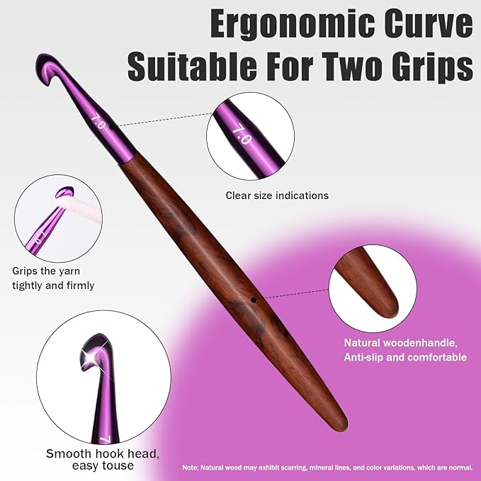 Giwrmu Crochet Hooks, 7mm Ergonomic Crochet Hook, Available in 3mm-7mm, Colored Aluminum Crochet Hook with Wooden Handle Crochet Needle for Crocheting Yarn