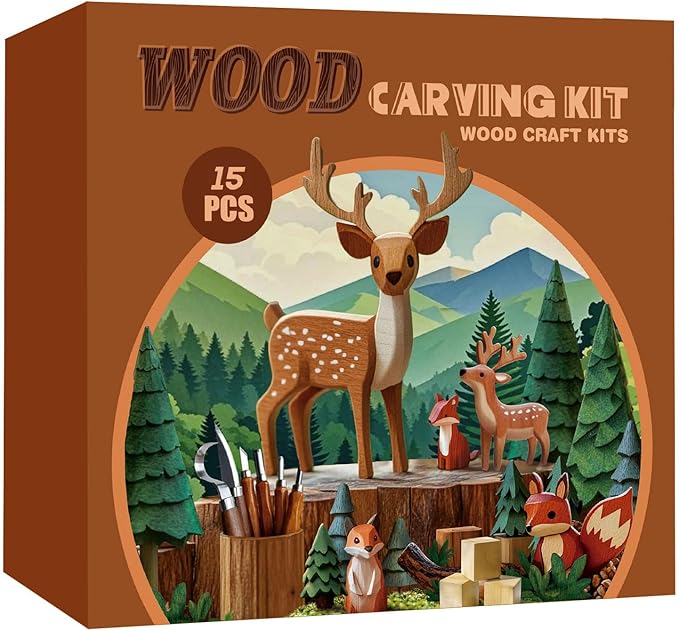 Wood Carving Kit for Beginners – 15PCS Whittling Set with 4 Carving Knives, 6 Basswood Blocks, Cut-Resistant Gloves, Polishing Tools & Storage Roll | DIY Craft Kits for Beginners