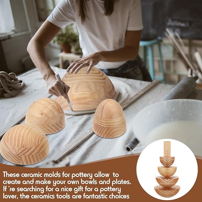 6 Pack Pottery Molds 3'' 4'' 5'' 6'' 7'' 8'' Thickness 2.5'' Plaster Molds Wood Pottery Tools with Handle for Ceramic Top Forms DIY Bowls Plate Dish Slump Press Art Making (Hemispherical)