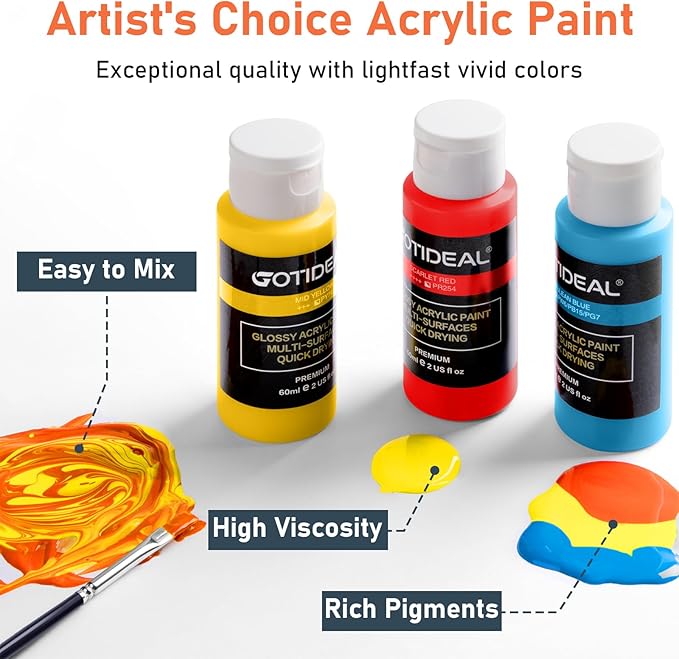 GOTIDEAL Acrylic Paint Set with Paint Brushes, 24 Colors(59ml, 2 oz) Art Craft Paint for Adults and Kids, Perfect for Artist, Beginner, Ideal for Wood, Canvas, Rocks, Outdoor Painting Supplies