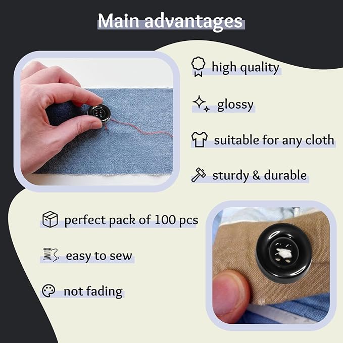 100 Pcs Black Sewing Buttons 3/4" (19 mm) Round Flat Glossy Buttons 4-Hole 30L Large Plastic Buttons Polished Uniform Bulk Buttons for Sewing Workwear School Chef Aprons Pants Jacket Bags Craft DIY