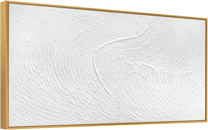 Large 100% Handmade Abstract Oil Painting with Frame Modern Original Hand Painted White Texture Framed Canvas Wall Art Minimalist Sea Wave Large Artwork for Living Room Bedroom Office 48x24in