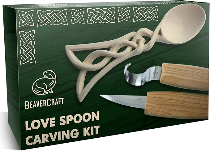 BeaverCraft Wood Spoon Carving Kit for Beginners DIY04 - Whittling Set Includes Spoon Carving Tools, Sloyd Whittling Knife Hook Knife, Basswood Blank - Woodworking Hobby Kit for Adults & Kids