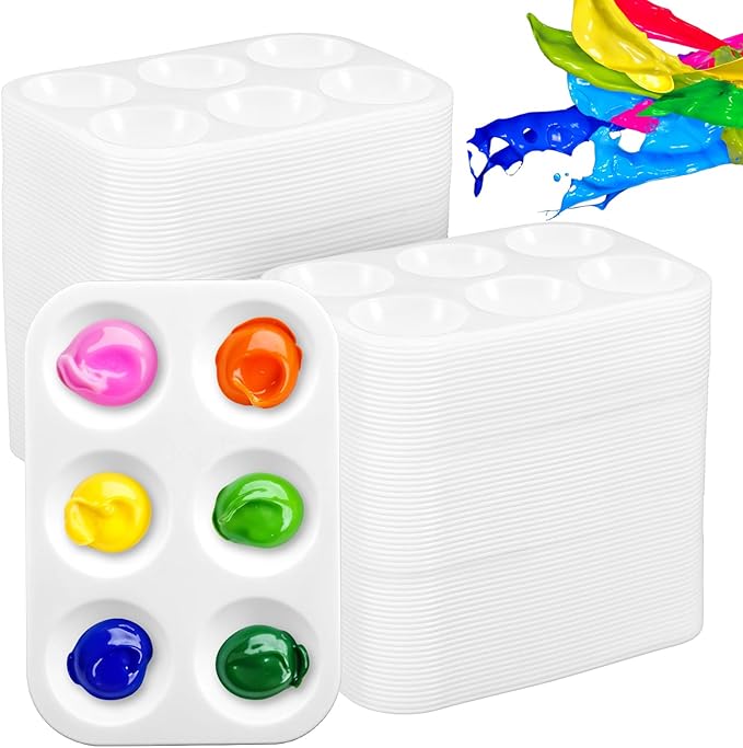 200 Pcs Small White Paint Palettes, 6 Well Rectangular Paint Tray Watercolor Acrylic Painting Holder Tray Art Palette for Students DIY Craft 4.96x3.38 Inch
