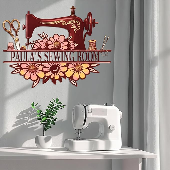 Custom Sewing Machine Metal Sign with Name, Personalized Sewing Room Quilting Studios Craft Space Decor, Customized Mother's Day Birthday Gifts for Quilters Women Mom Grandma Wife