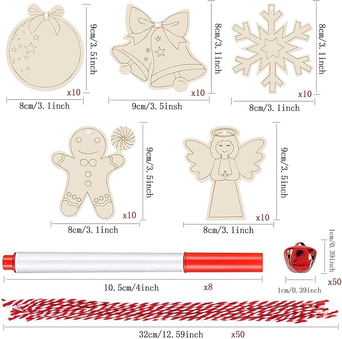 Artmag 50pcs Unfinished Wooden Christmas Ornaments Wood Slices with Holes for DIY Crafts Centerpieces Holiday Hanging Decor Decorations 5 Styles