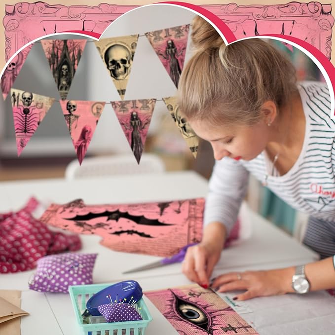 HunnmingRe 20 Pcs 10''x10'' Pink Halloween Quilting Fabric Square Skeleton Skull Bat Eyes Quiltted Fabric Bundle Black Precuts Printed Patchwork Supplies for Holiday DIY Sewing Craft