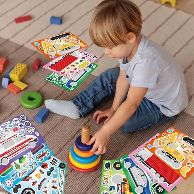 DUJAA 24 Sheets Vehicle Stickers for Kids, Make Your Own Police Car, Ambulance, Truck, Train, Motorcycles Engineering Vehicle Stickers for Toddlers, Brithday Party Supplies Classroom Teacher Reward