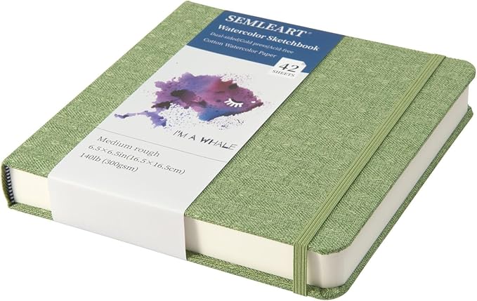 SEMLEART Hardcover Watercolor Journal,Square, 42 Pages, 6.5x6.5, 140 lb/300 GSM, Acid-Free, Cold Press, Cotton Pulp, Perfect for Artists & Travel Sketching (6.5×6.5in)