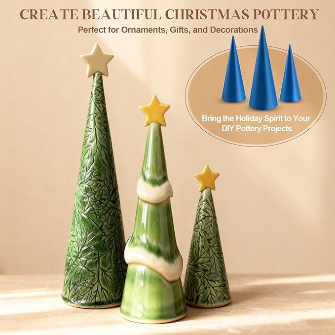 3 Size Exclusive Cone Pottery Molds for DIY Christmas Tree, 4.1'' x 12'', 3.8'' x 9.8'', 3.2'' x 8.6'' Removable Handle & Non-Warping Plastic, Shaping Tool for Art Making
