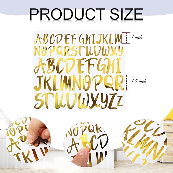 TaoBary 416 Pcs Gold Letter Stickers 8 Sheets Capital Alphabet Stickers 2 Size Vinyl Cursive Self-Adhesive Letter Decor for Gifts, Scrapbooking, DIY Craft, Water Bottle(1'', 1.5'')