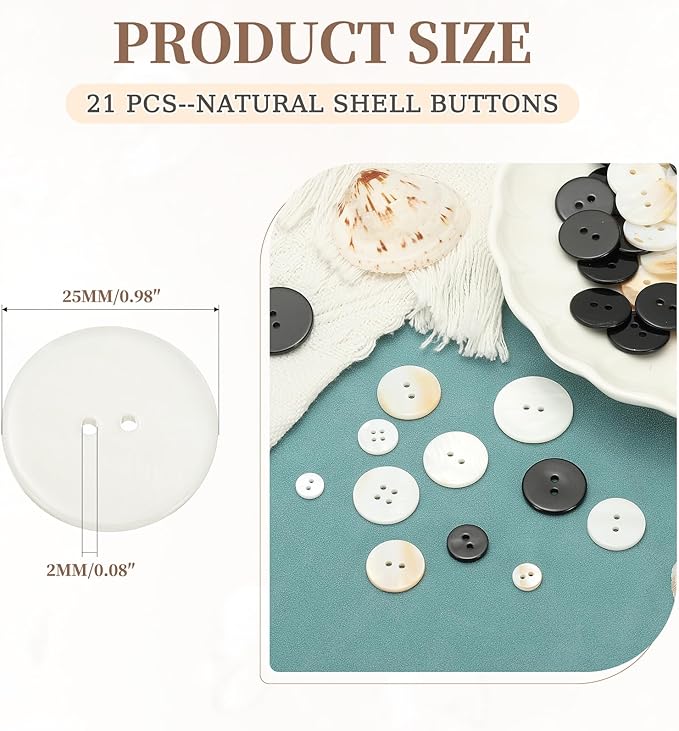 uxcell 21Pcs Natural Shell Button, 2 Hole 25mm Round Mother of Pearl Buttons for Shirt Coats Suits Jackets Jeans Skirts DIY Sewing Crafts, White