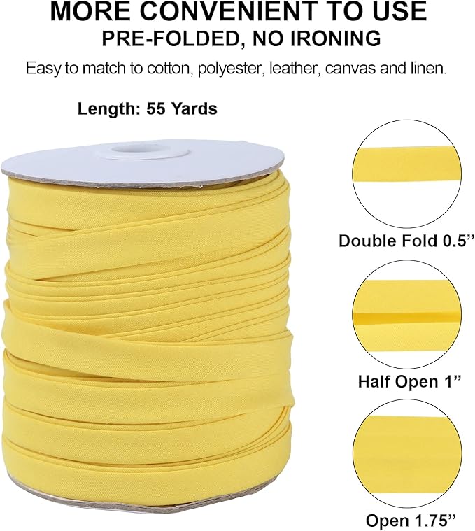 Bias Tape Double Fold 1/2 inch, Double Fold Bias Binding Tape 55 Yards (Yellow) and 4 Pieces Sewing Fabric Chalks for Crafts, Sewing, Seaming, Hemming, Piping, Quilting.