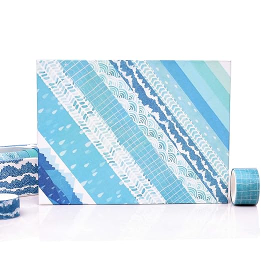 Washi Tape Set of 12 Rolls,Blue Sea Wave Decorative Washi Masking Tape Sets for Craft,Kids,Scrapbook,DIY,Gift Wrapping