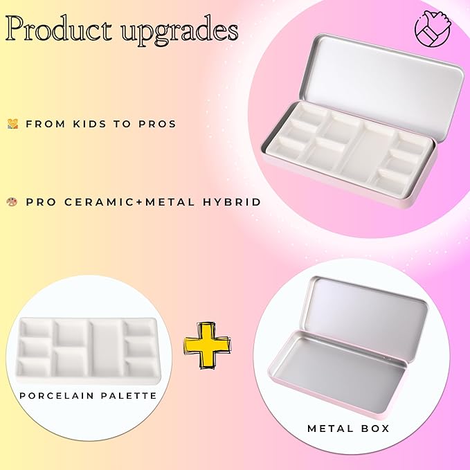 Travel Watercolor Palette, Portable Ceramic Palette 9 Well, Watercolor Palette with Lid, Empty Wet Palette Metal Paint Box with Porcelain Palettes(Pink Box)