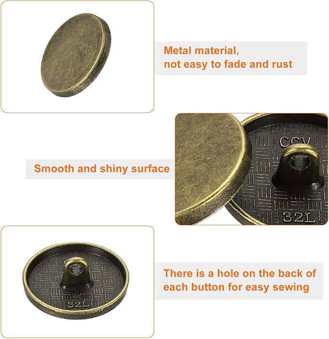 HARFINGTON 50pcs 32L Metal Round Flat Sewing Buttons 20mm Alloy Shank Craft Replacement Button for Men Women Suit Woolen Coat Shirt Trousers Sewing Crafts, Bronze