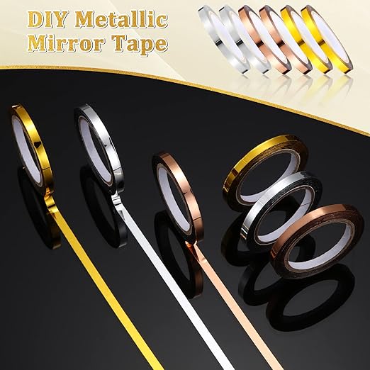 Frienda 6 Pcs Mirror Tape Polyester Film Thin Foil Washi Tape Self Adhesive Metallic Decorative for DIY Graphic Crafts Decoration Gifts Wrapping, Gold, Sliver, Rose Gold, 132 Yards(0.2 Inch)
