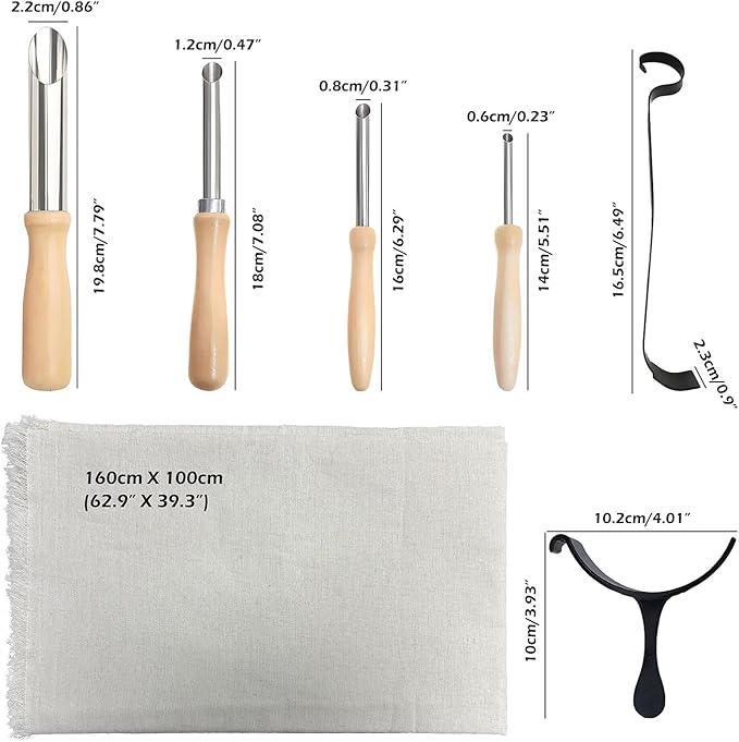 ReArt Pottery Tools 7 Pcs Pack, Special Linen Hessian Cotton Linen, Trimming Tools, 4 Pack Stainless Steel Circular Clay Hole Cutters, Centering Tool