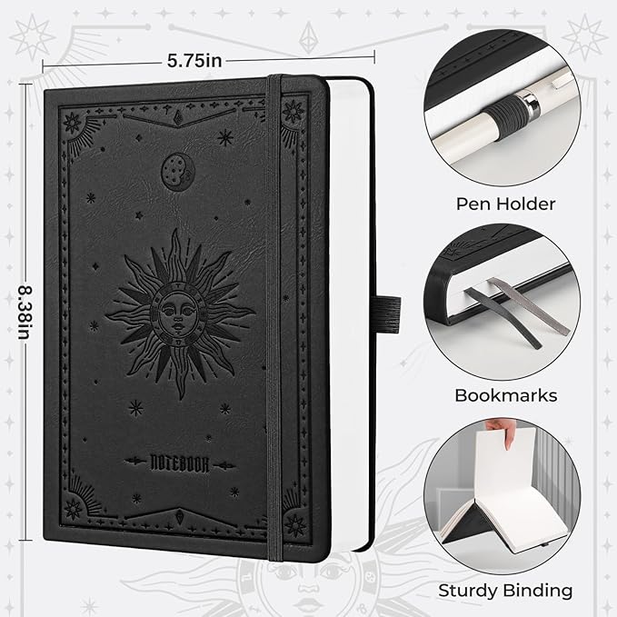EMSHOI Bullet Dotted Journal Notebook - 320 Pages, 100gsm Thick Paper, A5 Hardcover Leather, Dot Grid Notebook for Women Men Work Writing, Bullet Journaling, Drawing, 5.75 x 8.38, Black