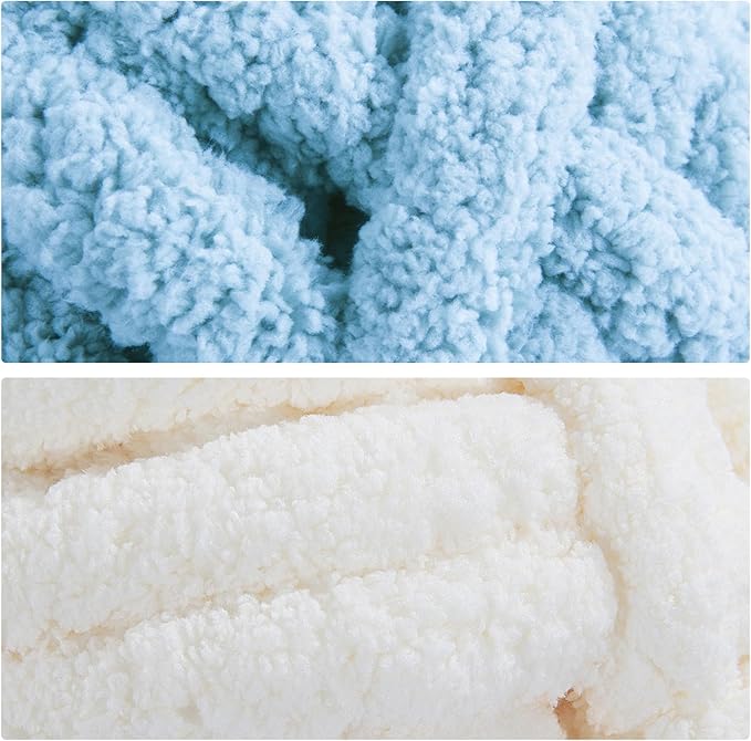 MABOZOO Assorted Chunky Yarn for Crocheting 8 Pack,Fluffy Jumbo Chenille Yarn,Soft Plush Yarn Bulky,Giant Thick Fuzzy Yarn for Hand or Arm Knitting,Cream & Sky Blue(31.7 yds,8 oz Each Skein)