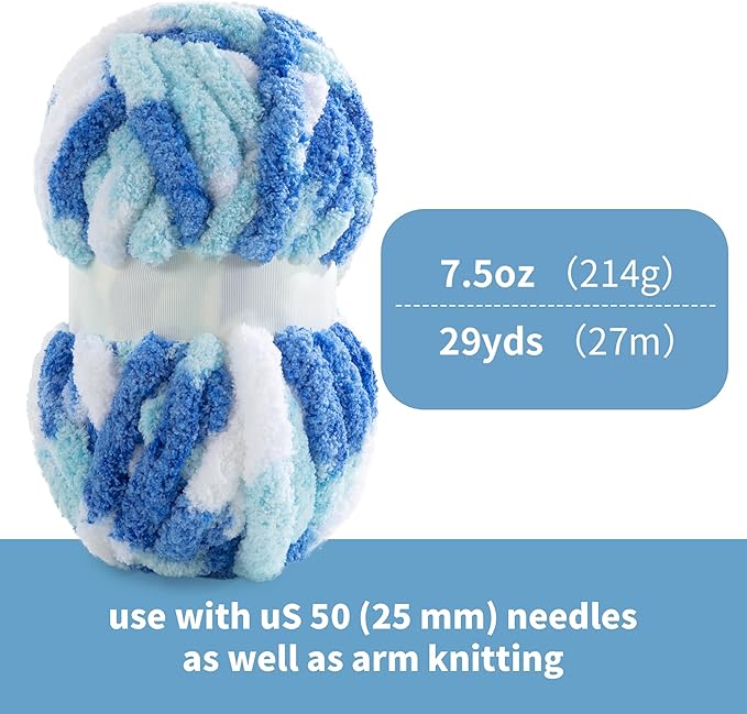 HOMBYS 8 Pack Giant Chunky Yarn for Crocheting and Knitting, Super Bulky Large Soft Fluffy Tie Dye Plush Fuzzy Mixed Color Thick Chenille Yarn (Blue, Sky Blue, White)