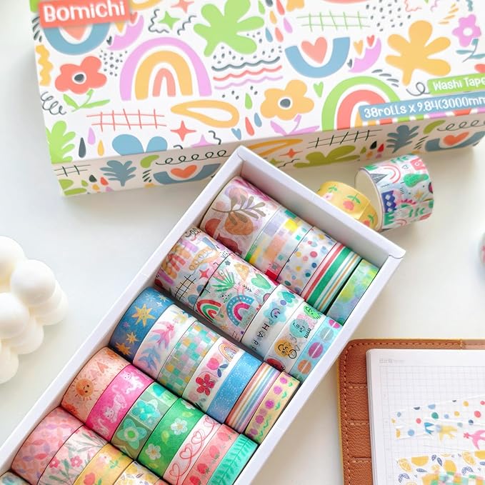 38 Rolls Washi Tape, Aesthetic Colored Decorative Cute Scrapbook Tape for Scrapbooking Supplies Journaling Craft Junk Journal