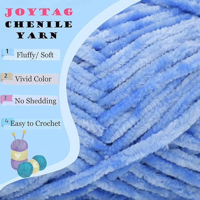 Velvet Chenille Yarn for Crocheting & Knitting - Sky Blue, Soft, Fluffy, Plush, Thick, Bulky, Chunky - 100g