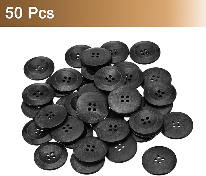 uxcell 50Pcs Wooden Buttons, 35mm(1 3/8") 4 Hole Round Wood Sewing Button Craft for Sewing DIY Craft Clothing, Black