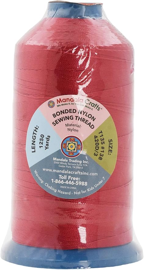 Mandala Crafts Size 138 420D T135 Bonded Nylon Thread - Red 1250 YDs Tex 135 Heavy Duty Sewing Threads for Leather, Jeans, Weaving, Outdoor Marine Upholstery