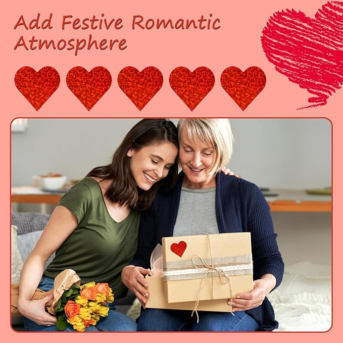 1.5'' 500Pcs Heart Valentines Laser Stickers, Glitter Heart Stickers Roll Valentine's Mother Day Gift Decorative Label Sticker